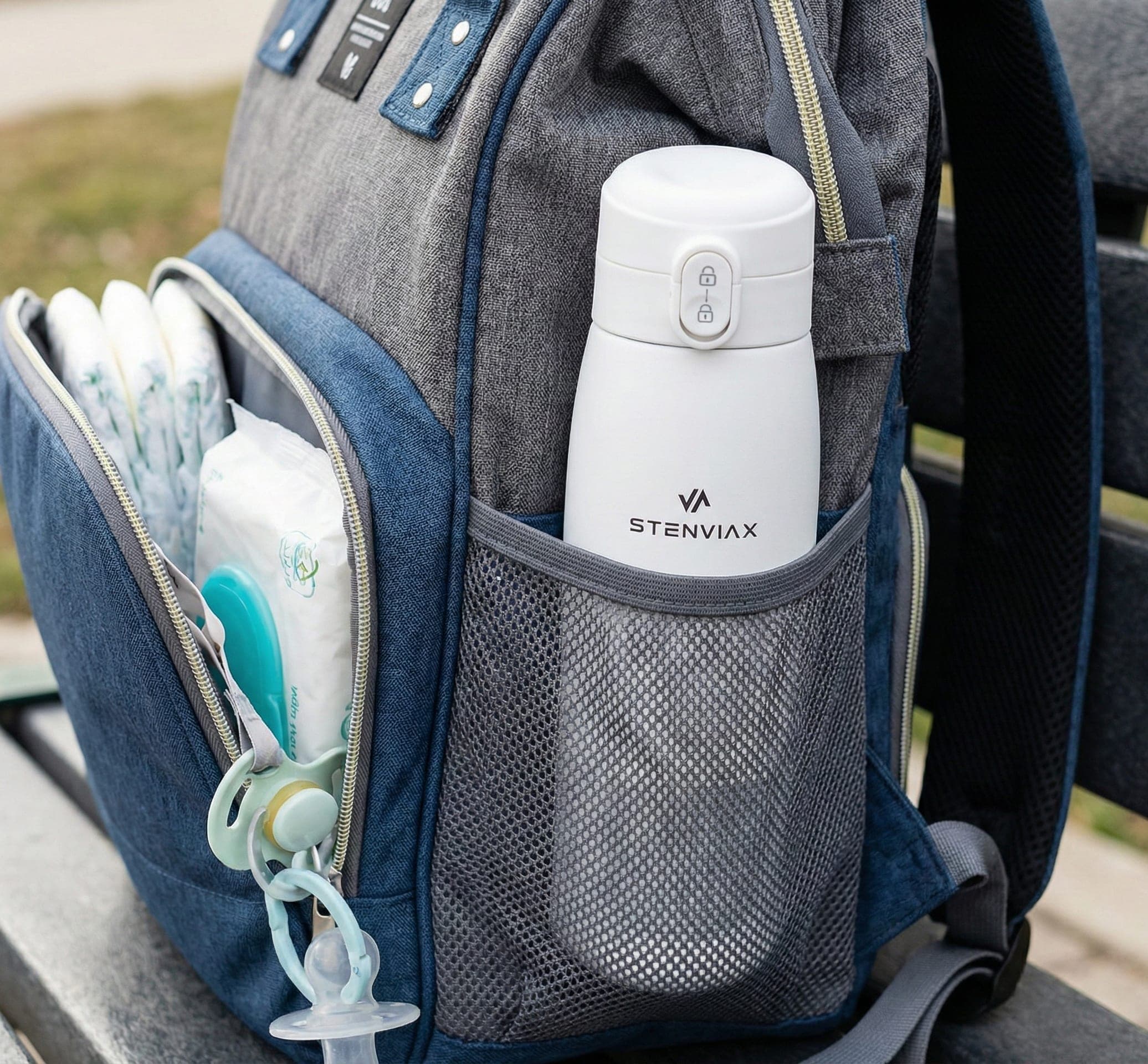 The Luxe White warmer standing in the mesh side pocket of a changing bag, a pacifier clipped to the bag beside it