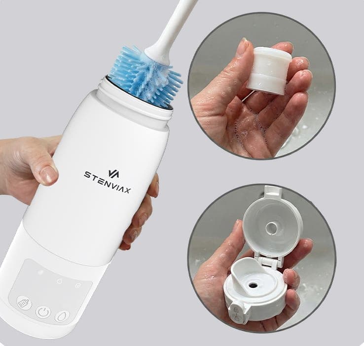 A hand holding the Luxe White warmer while a silicone brush cleans its chamber, with close views of the lid seal and the opened lid being rinsed