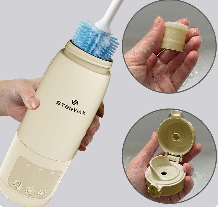 A hand holding the Silk Beige warmer while a silicone brush cleans its chamber, with close views of the lid seal and the opened lid being rinsed