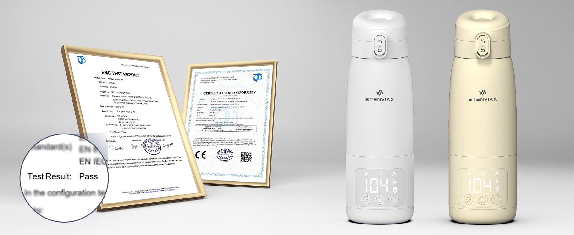An EMC test report and a certificate of conformity in gold frames, a magnifier over the report reading Test Result: Pass, beside the Luxe White and Silk Beige warmers