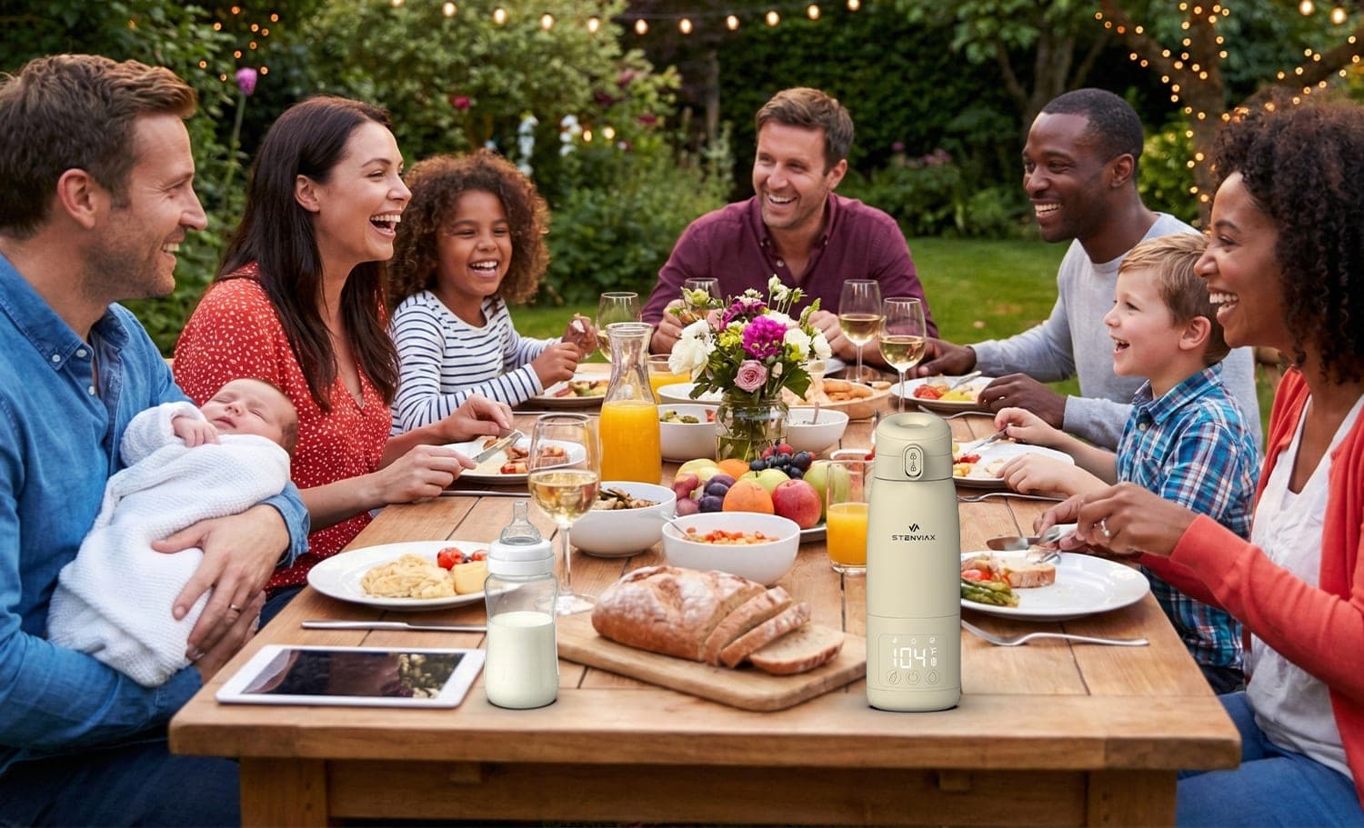 Two families laughing at a garden dinner table, the Silk Beige warmer standing among the plates with its display reading 104 °F