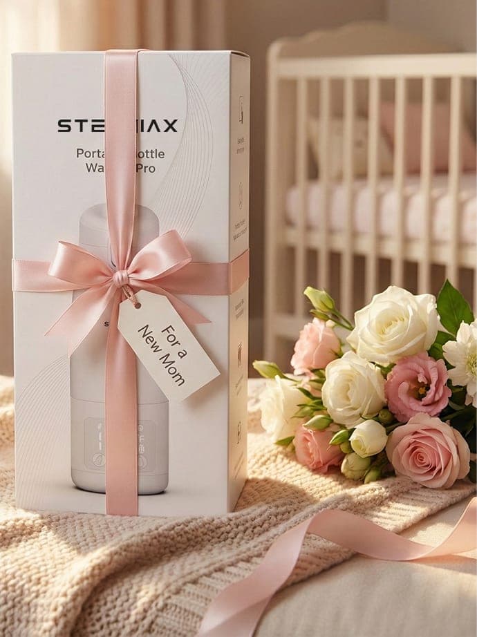 The Stenviax warmer's carton tied with a pink satin bow and a tag reading For a New Mom, roses and a crib beside it