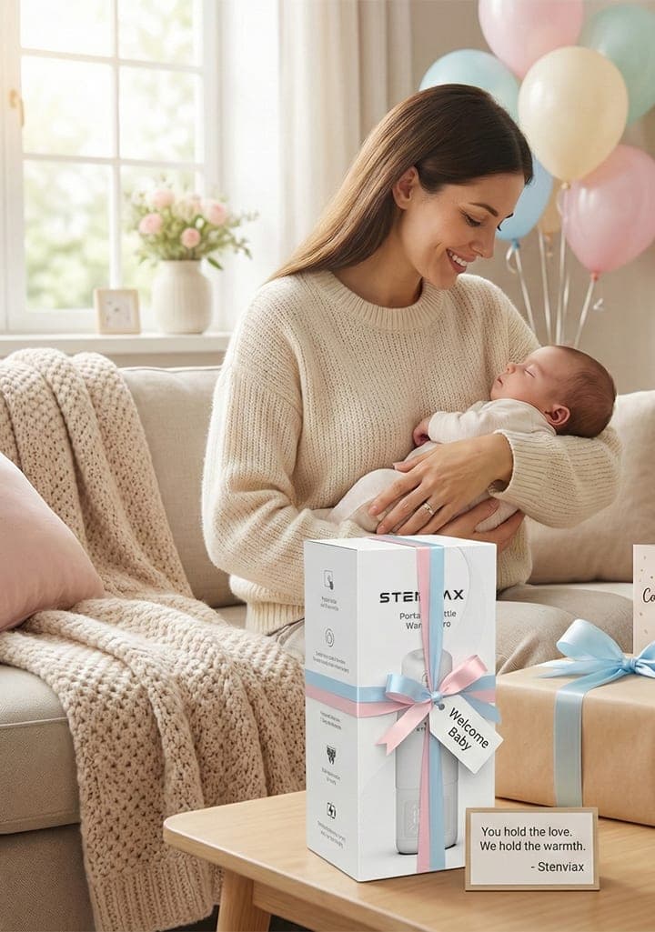 A mother smiling down at the newborn in her arms beside a gift table, a ribboned warmer carton tagged Welcome Baby and a card reading You hold the love. We hold the warmth.
