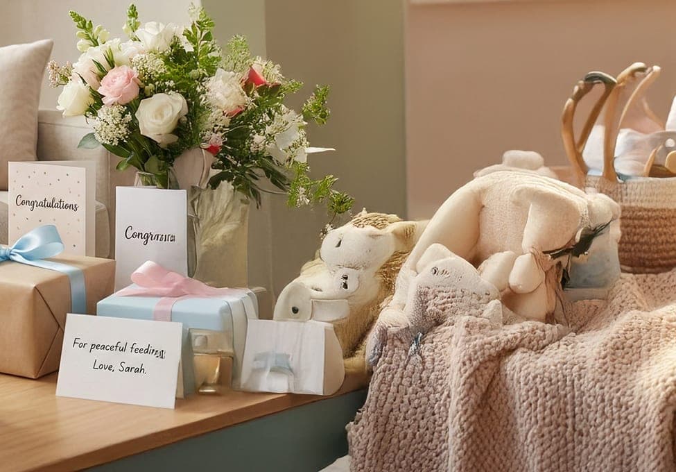 A table of baby shower gifts: wrapped boxes, congratulations cards, a vase of roses, plush toys and a basket of baby things on a knitted blanket