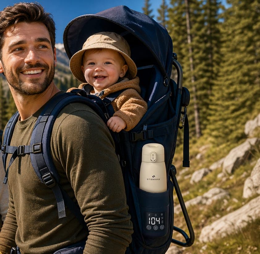 A father hiking with a laughing baby in a carrier, the Silk Beige warmer riding in the pack's side pocket with its display lit through the pocket