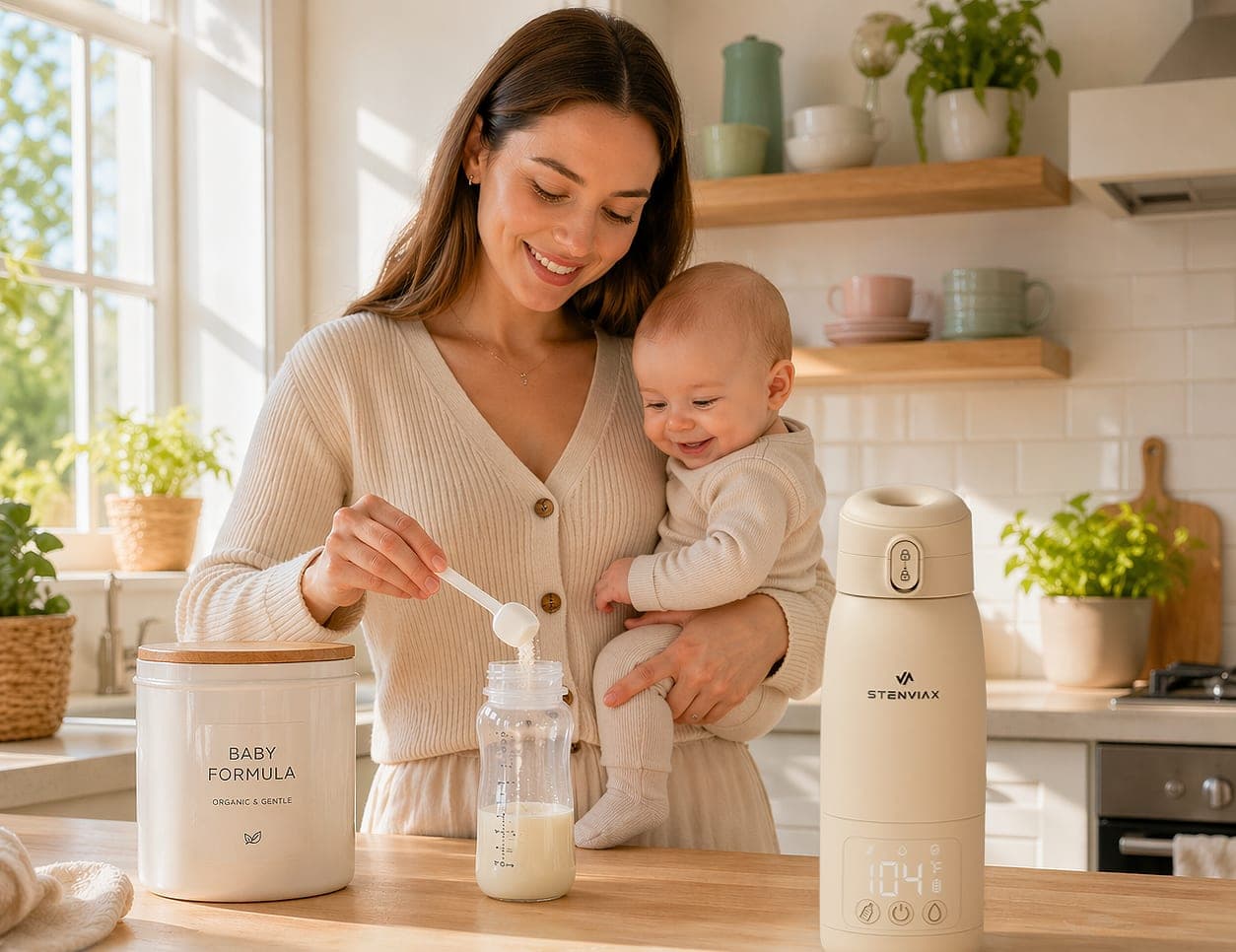A mother holding her smiling baby while spooning formula into a bottle, the Silk Beige warmer on the kitchen counter beside her