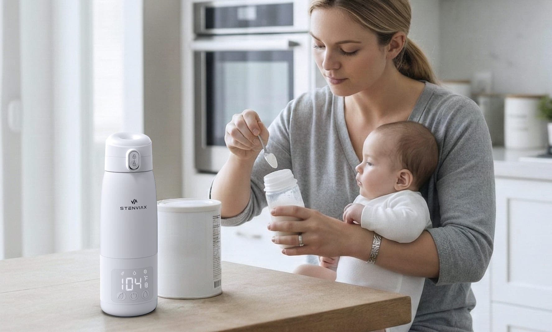 A mother holding her baby at a kitchen table, spooning powder into a bottle beside a Luxe White Stenviax warmer