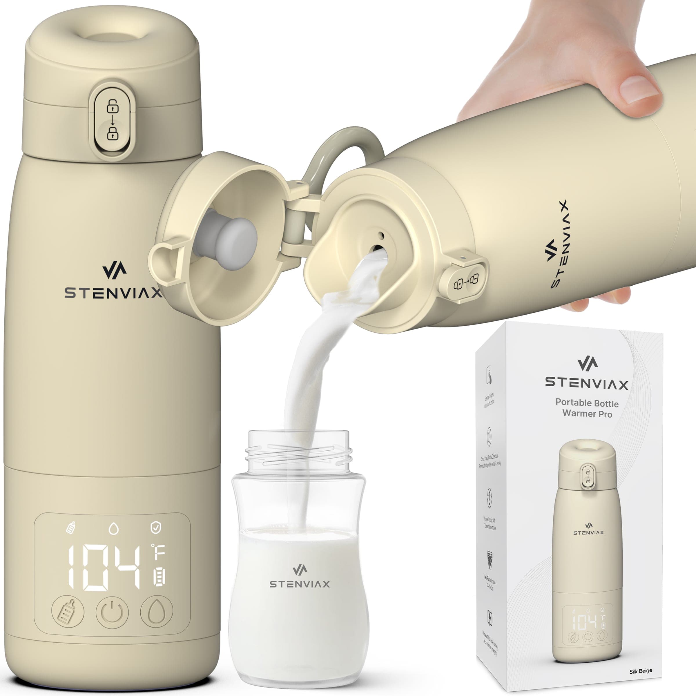 The Silk Beige warmer standing upright beside a second one tipped by a hand, pouring warm milk into a baby bottle, with the Silk Beige retail carton behind