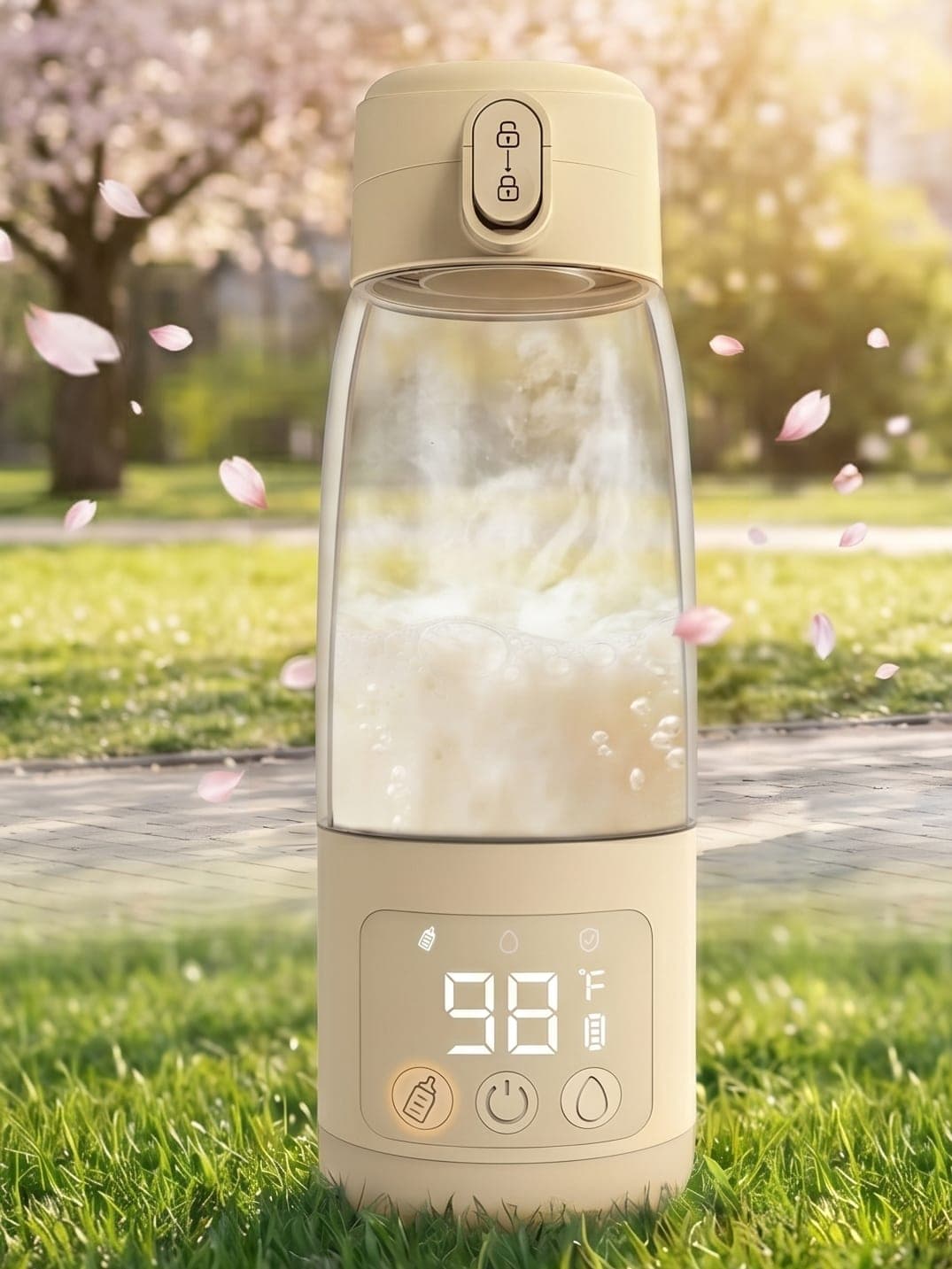 The Silk Beige warmer standing on the grass beside a park path under spring blossom, milk warming in its see-through chamber, the display reading 98 °F