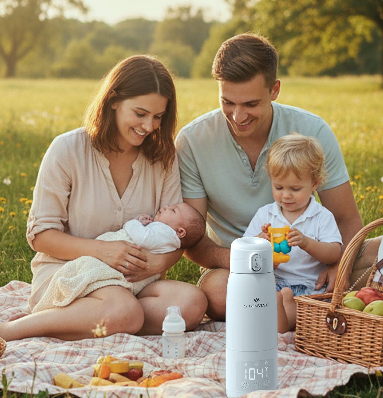 A family sitting on a picnic blanket with the warmer beside them