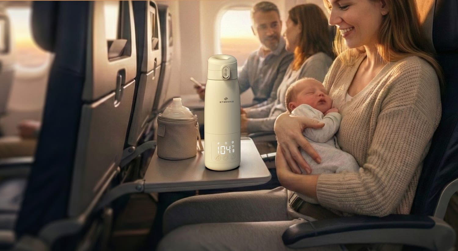A parent holding a baby on a flight with the warmer on the tray table