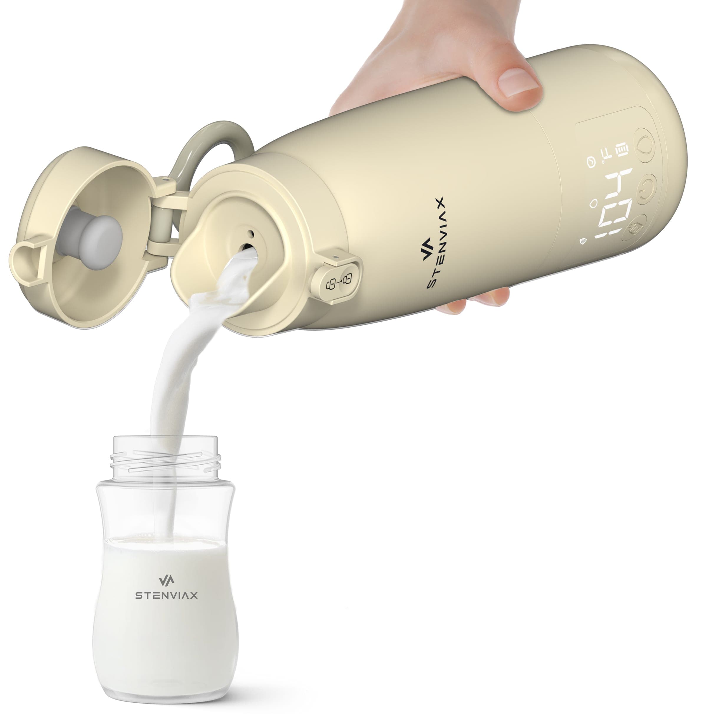 A hand tipping the Silk Beige warmer, its lid flipped open, to pour warm milk into a baby bottle