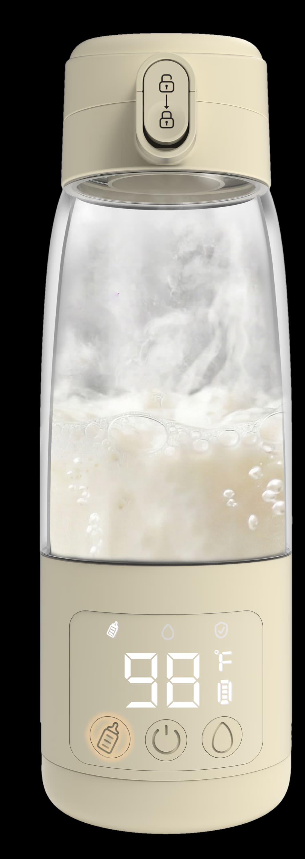 The Silk Beige warmer with breast milk warming in its chamber, the display reading 98 °F