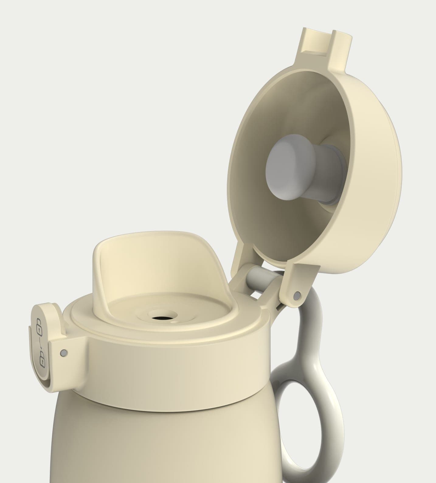 The Silk Beige warmer with its lid flipped open, showing the seal inside the lid, the pour spout and the lock slider
