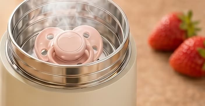 A pacifier sitting inside the Silk Beige warmer's open steel chamber, steam rising from it