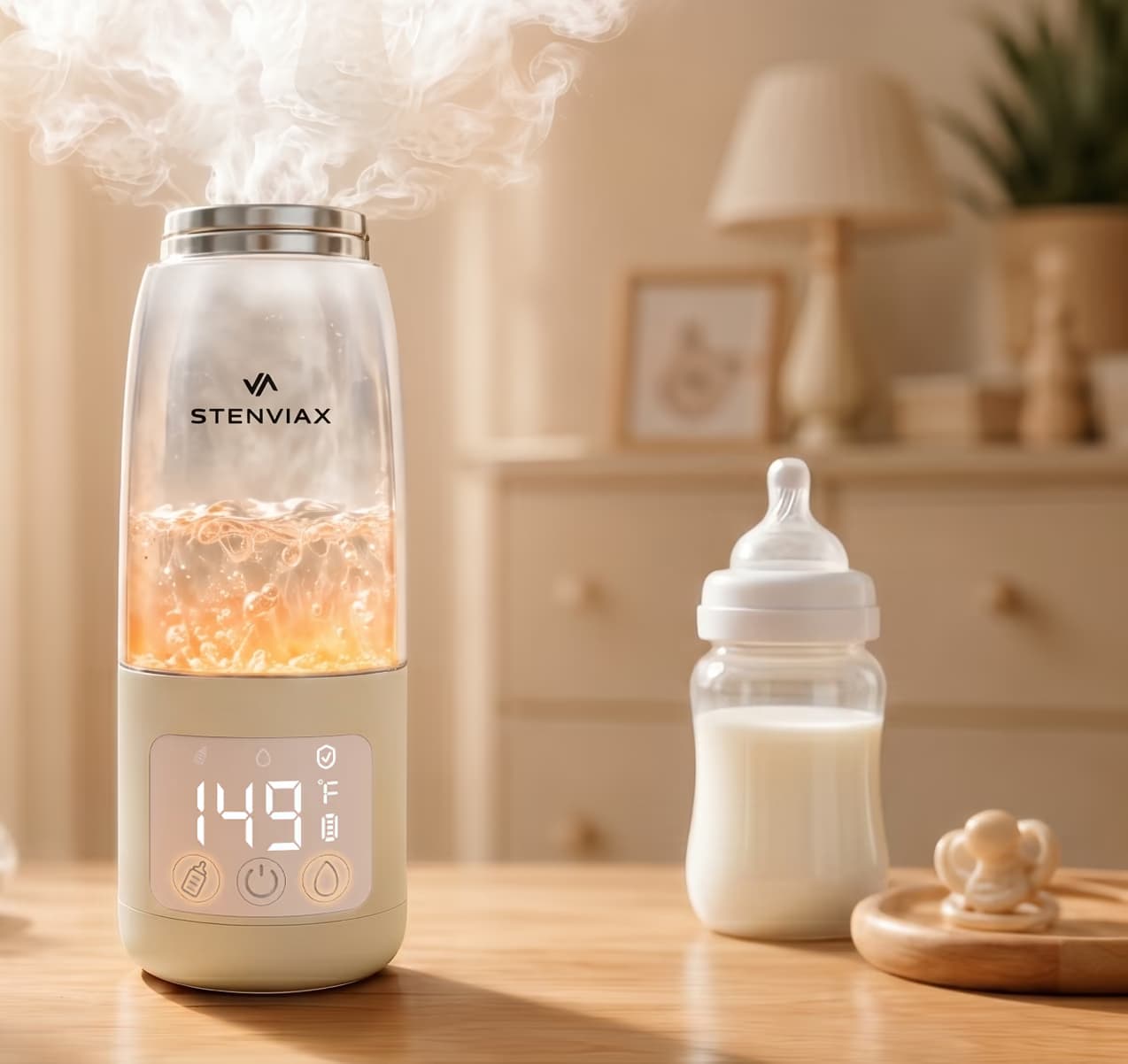 The Silk Beige warmer running its clean cycle on a nursery table, steam rising, a bottle of milk and a pacifier beside it