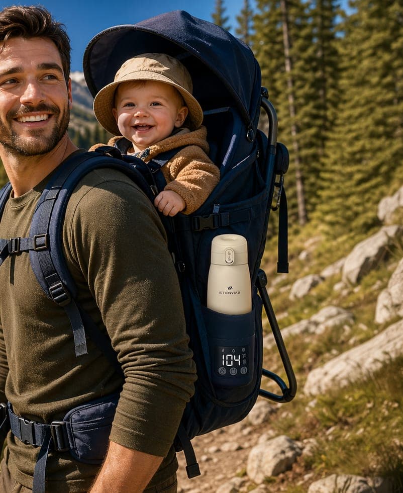 A father hiking with a laughing baby in a carrier, the Silk Beige warmer in the pack pocket, its display reading 104 °F