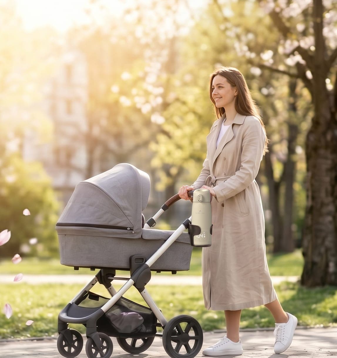 A mother walking a pram through spring blossom, the Silk Beige warmer in the handle's cup holder