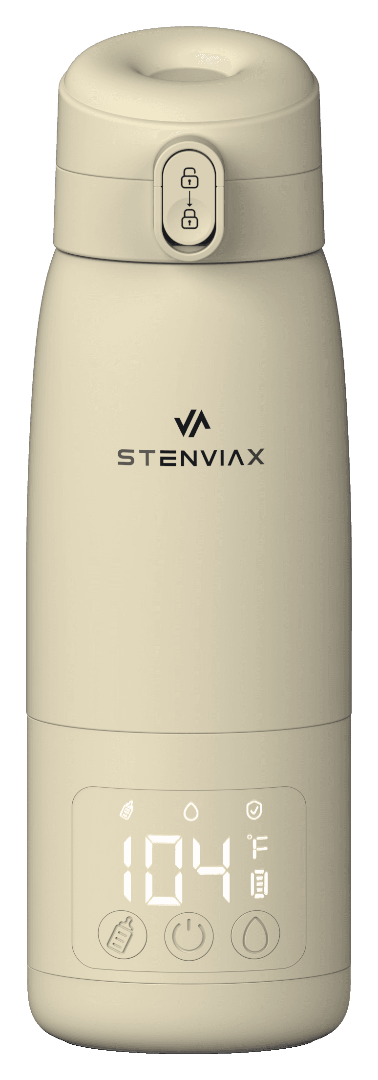Stenviax Portable Bottle Warmer Pro in Silk Beige, closed, with the display lit at 104 °F