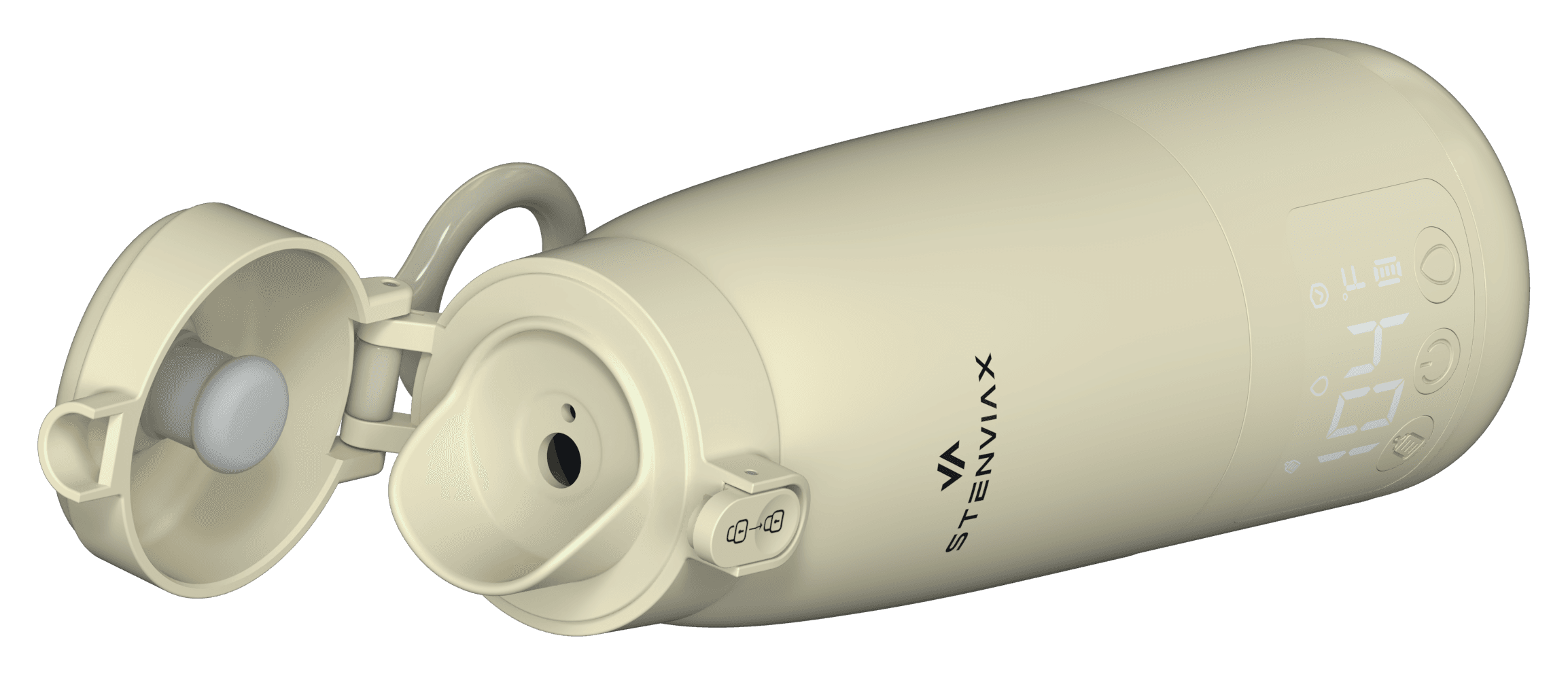 Silk Beige warmer lying on its side with the lid open and the strap in frame