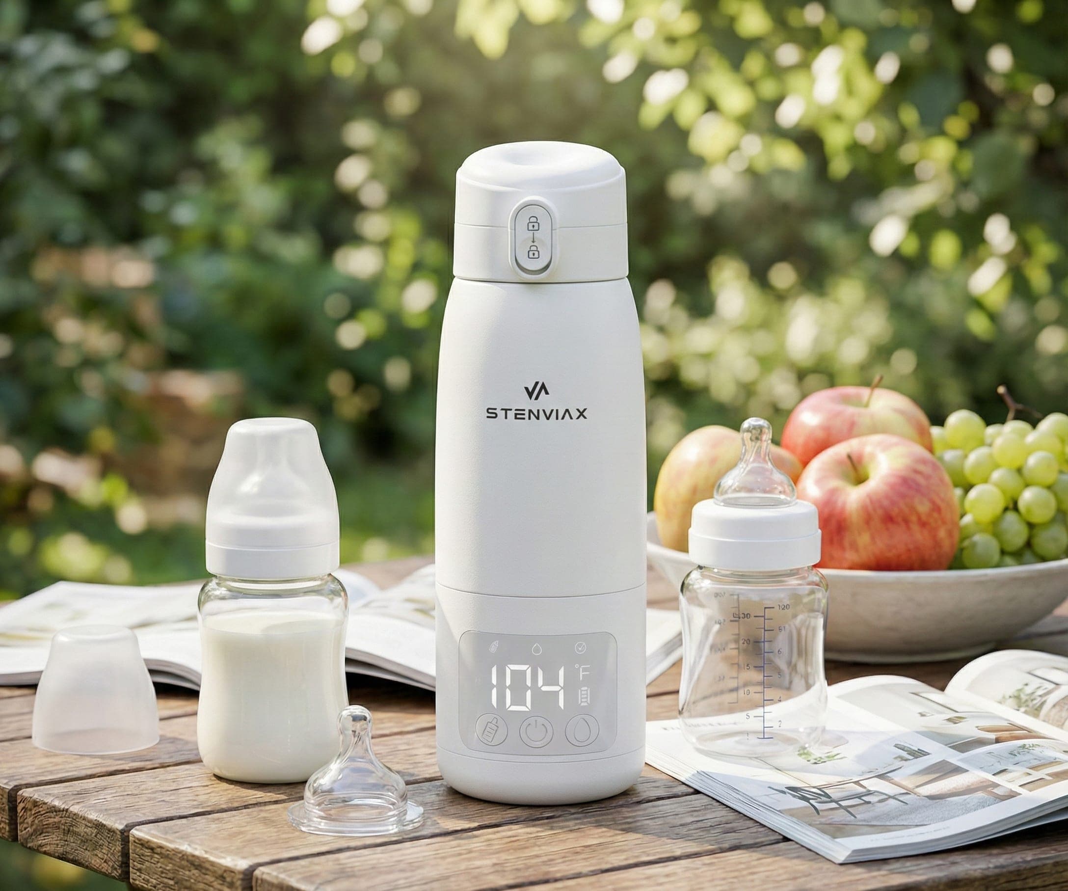 The Luxe White warmer on a wooden outdoor table under trees, two baby bottles, a teat and a bowl of apples and grapes beside it, its display reading 104 °F