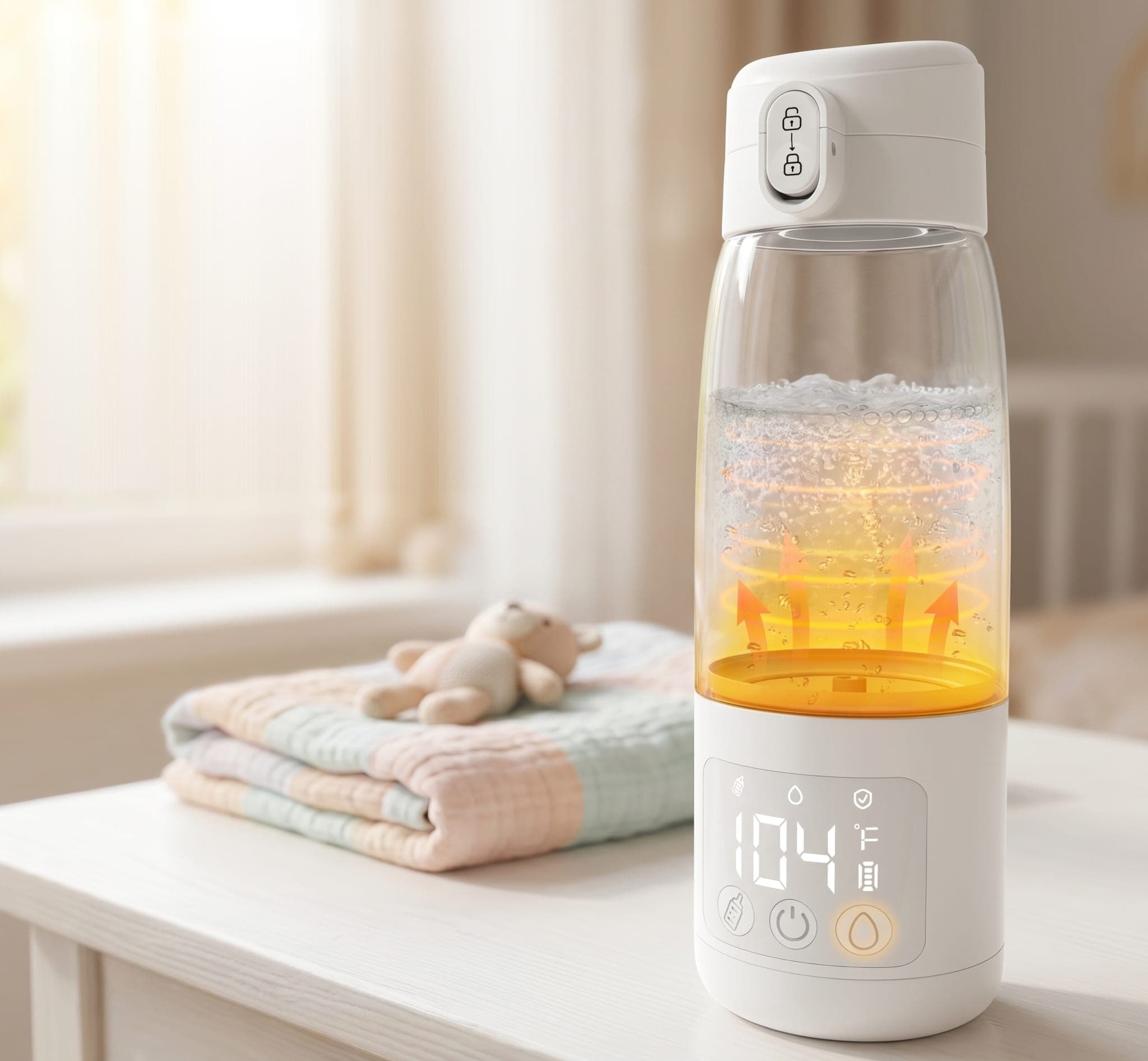 The warmer heating water on a nursery table beside a folded blanket