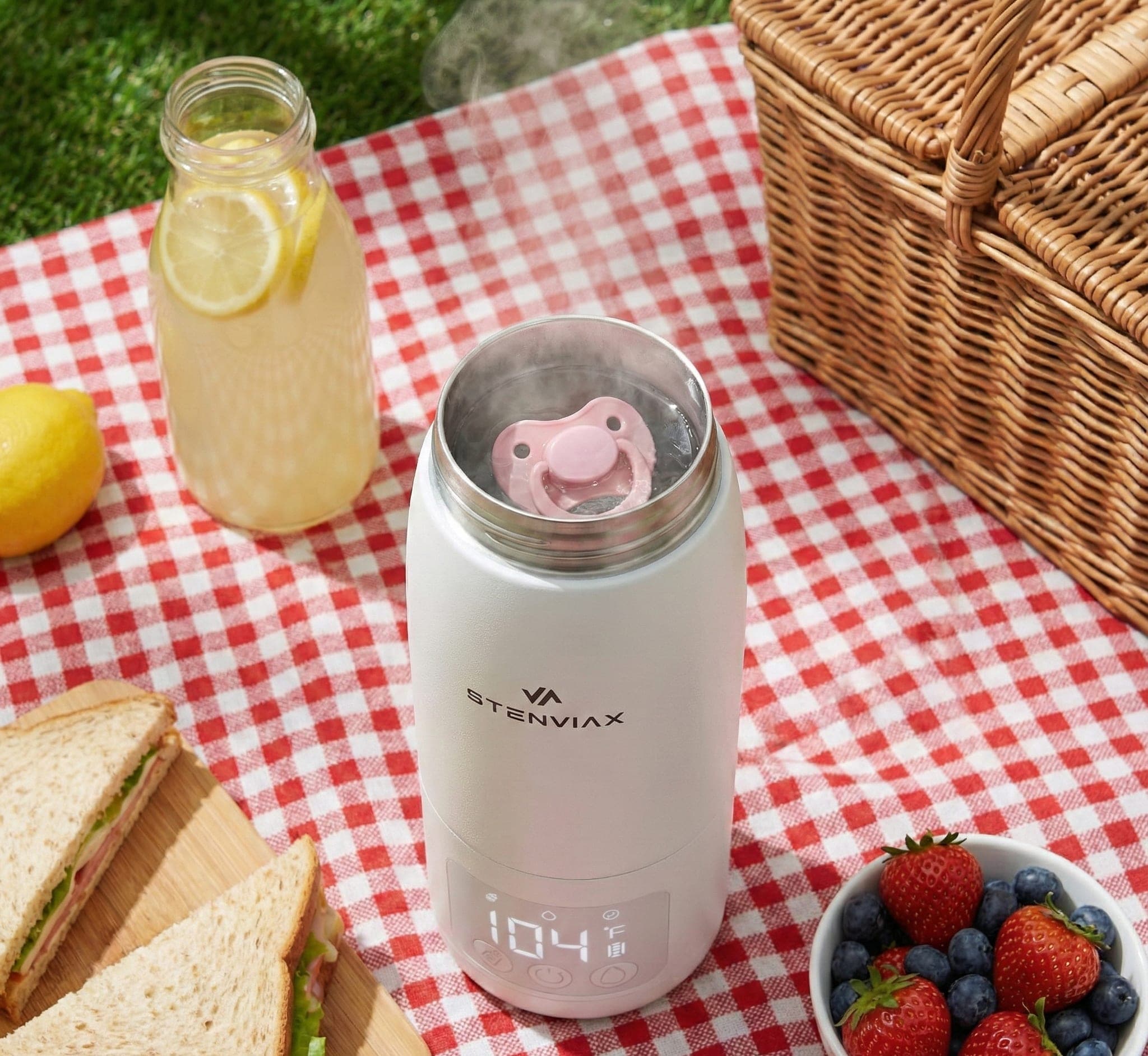 A pink pacifier in water inside the open Luxe White warmer on a red gingham picnic blanket, steam rising, with sandwiches and berries beside it