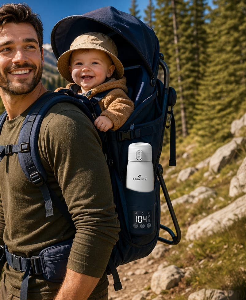 A father hiking with a laughing baby in a carrier, the Luxe White warmer in the pack pocket, its display reading 104 °F